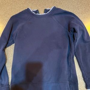 J Crew factory navy sweatshirt with blue and white ruffle detail